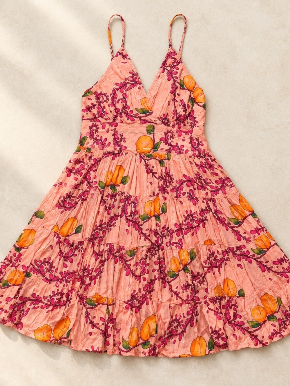 Floral Pink Spaghetti-Strap Mini Dress with Orange Blooms
